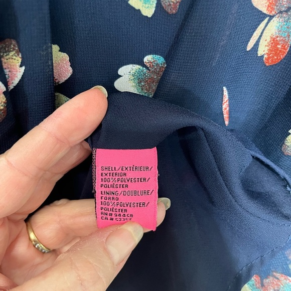 Betsey Johnson Navy Floral Mini Dress Neck Tie Sheer Long Sleeves V Neck Size 6 - Picture 12 of 13